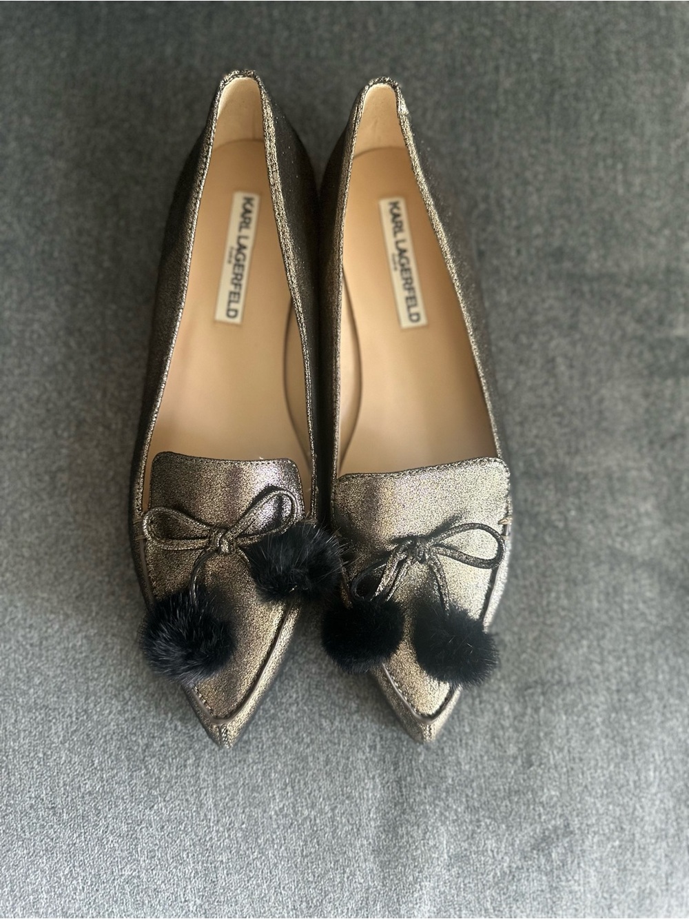 Karl Lagerfeld Metallic Leather Pointed-Toe Flats with genuine mink fur Pom Poms